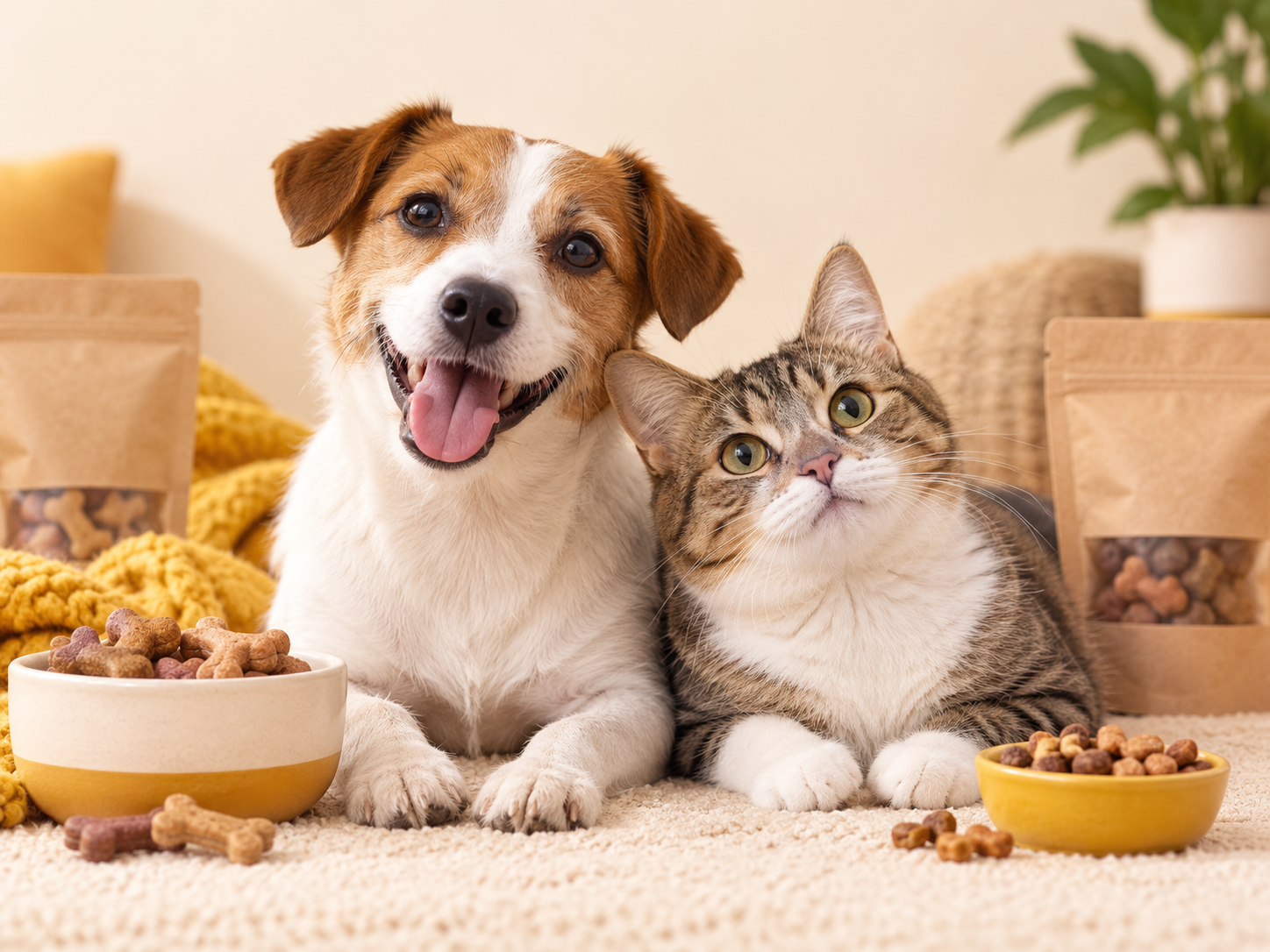 Perrito y gatito felices con snacks